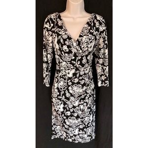 Ralph Lauren Black and White Floral Midi Long Sleeve Dress
